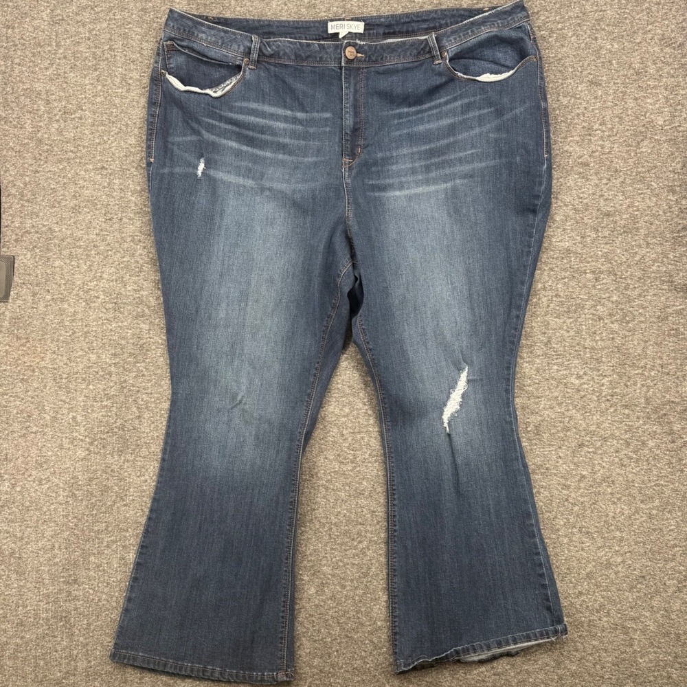 Meri Skye Womens Plus 32W Bootcut Distressed Dark Wash Stretch‎ Denim Jeans